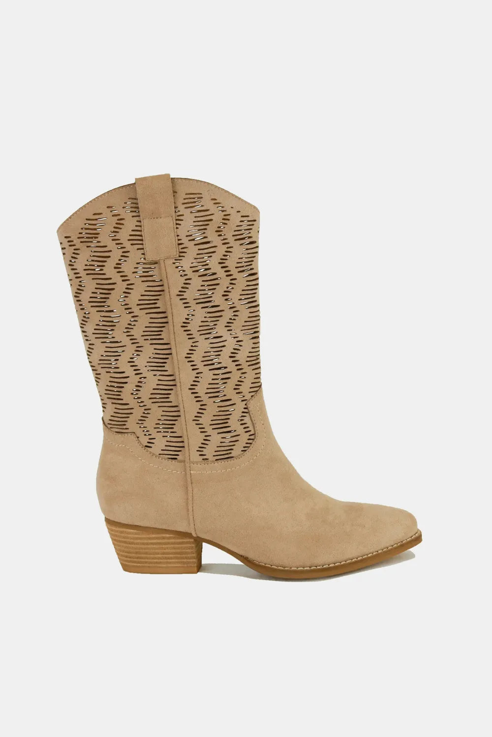 Beast Fashion Faux Suede Laser Cut Detail Block Heel Boots - Lilixa.store