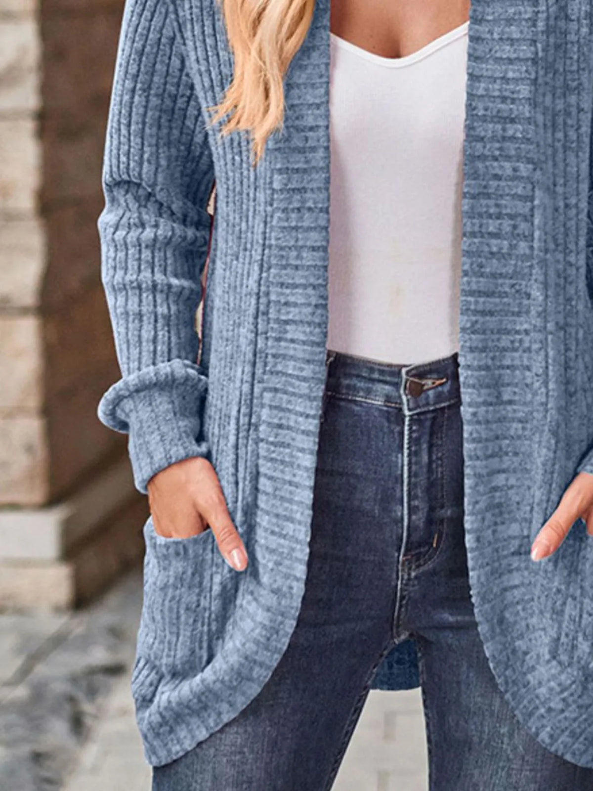 Ribbed Knit Open Front Cardigan with Pockets, view 2