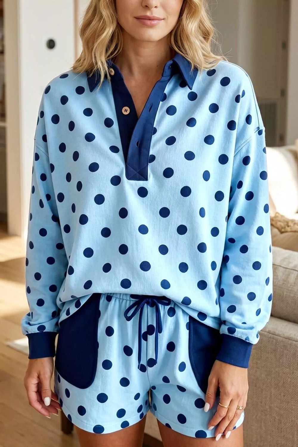 Polka Dot Drop Shoulder Polo Loose Pullover Patch Pocket Casual Shorts Set - Lilixa.store