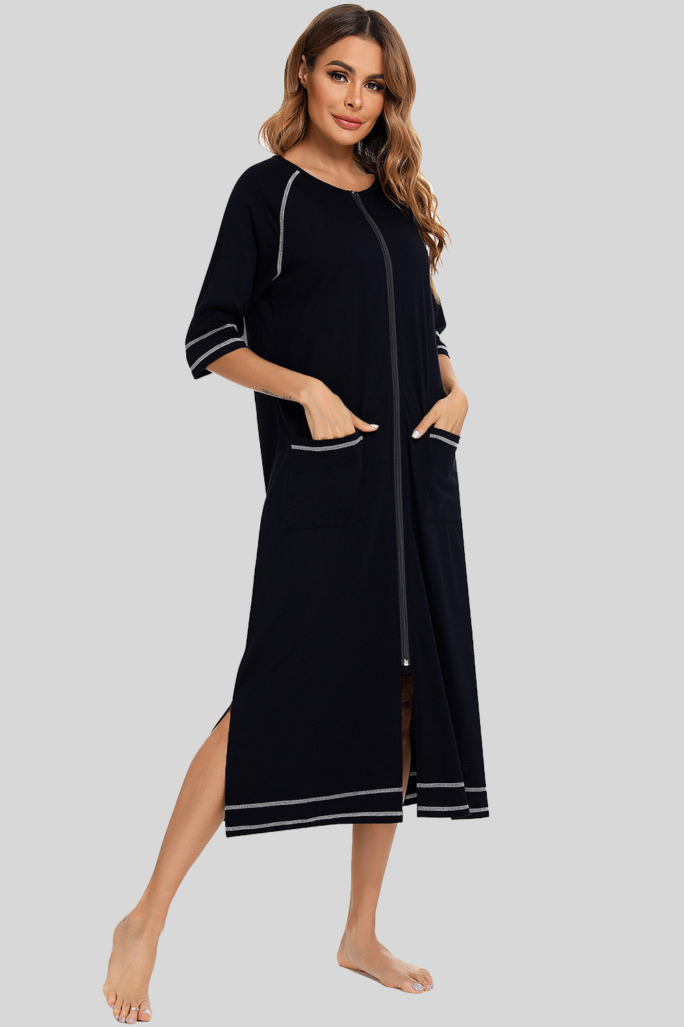 Zip Up Slit Round Neck Night Dress with Pockets - Lilixa.store