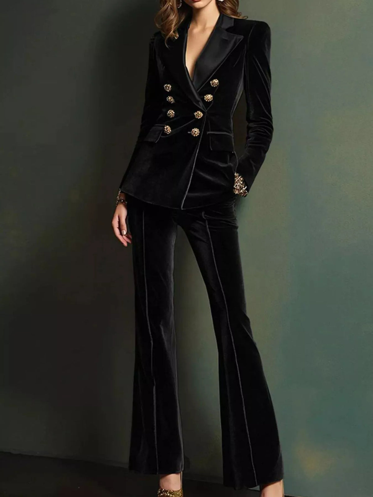 Velvet Double-Breasted Blazer and Flare Pant Set in Black
