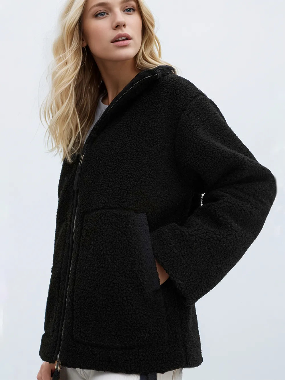 Turtleneck Zip Up Long Sleeve Plush Jacket, view 14