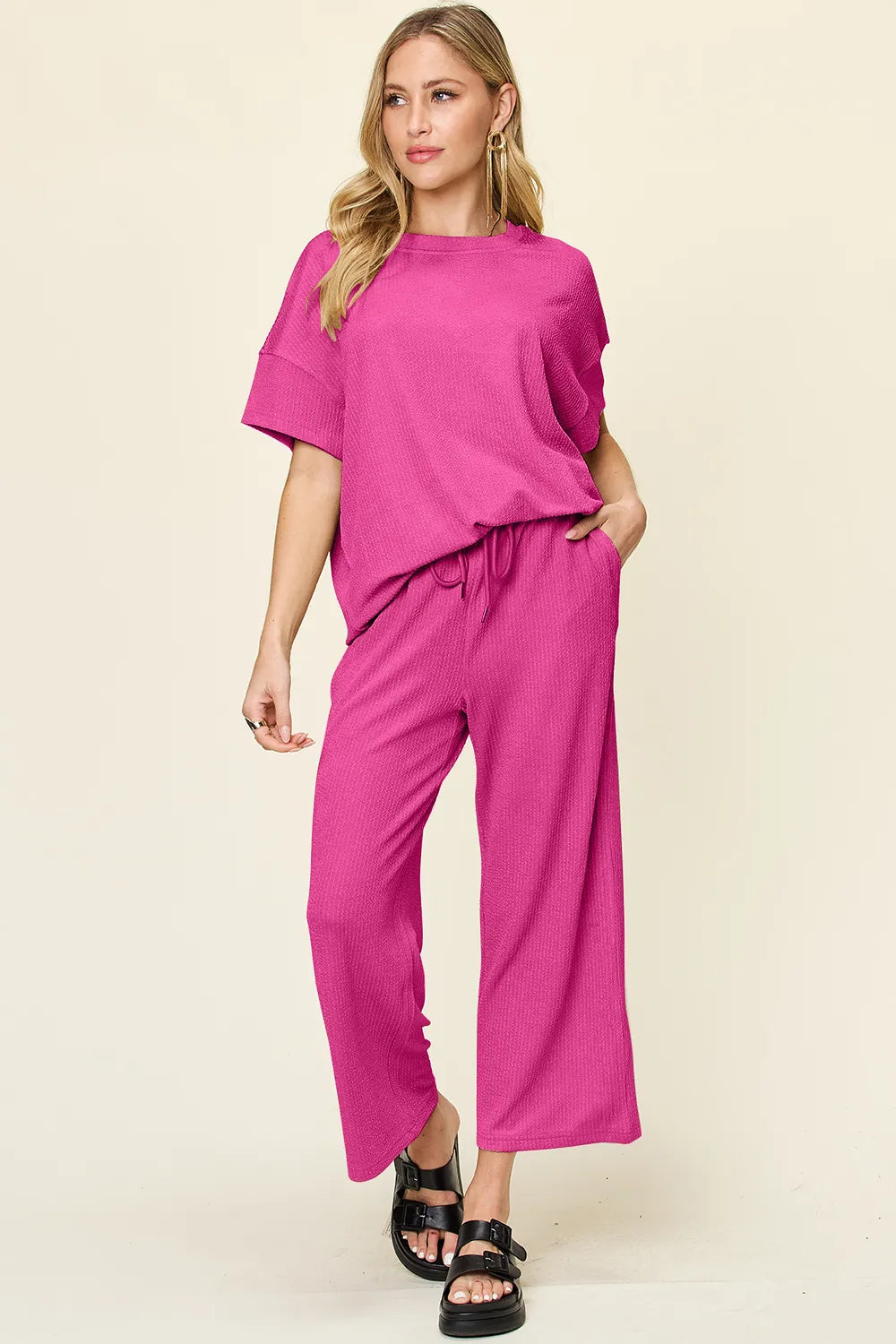 Double Take Full Size Texture Round Neck Short Sleeve T-Shirt and Wide Leg Pants, view 14