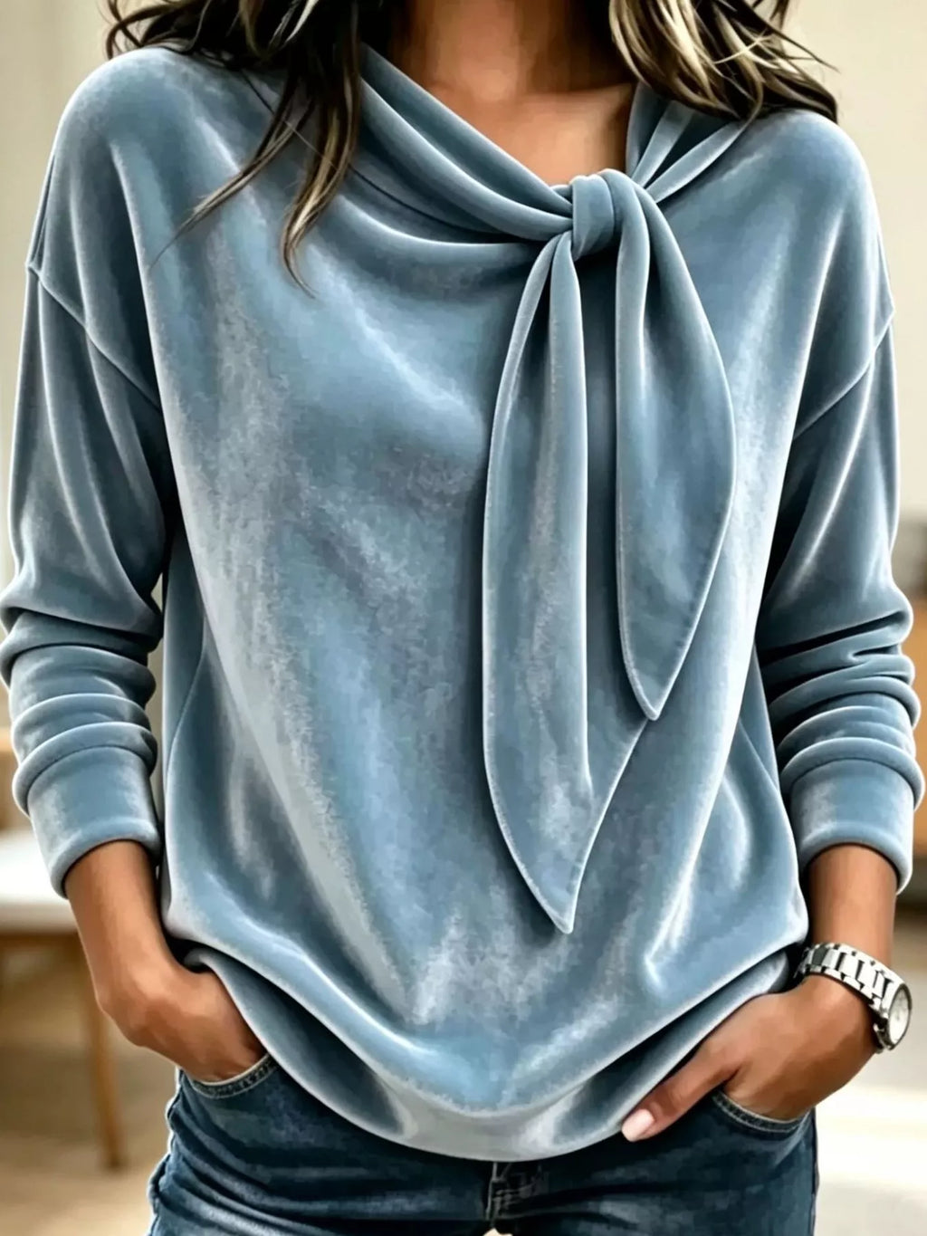 Velvet Tie Front Long Sleeve Sweatshirt - Lilixa.store