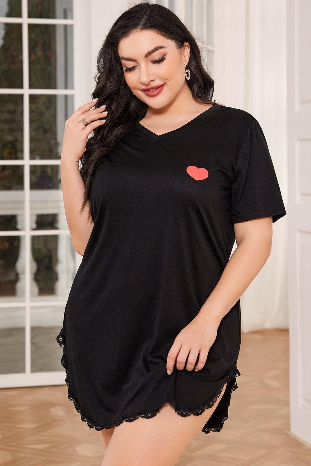 Plus Size Lace Trim V-Neck Short Sleeve Night Dress - Lilixa.store