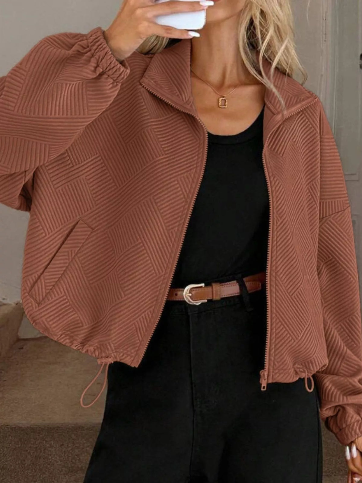 Textured Zip-Up Drawstring Hem Jacket, view 18