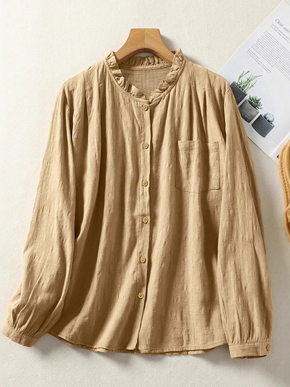 Frill Button Down Long Sleeve Shirt - Lilixa.store