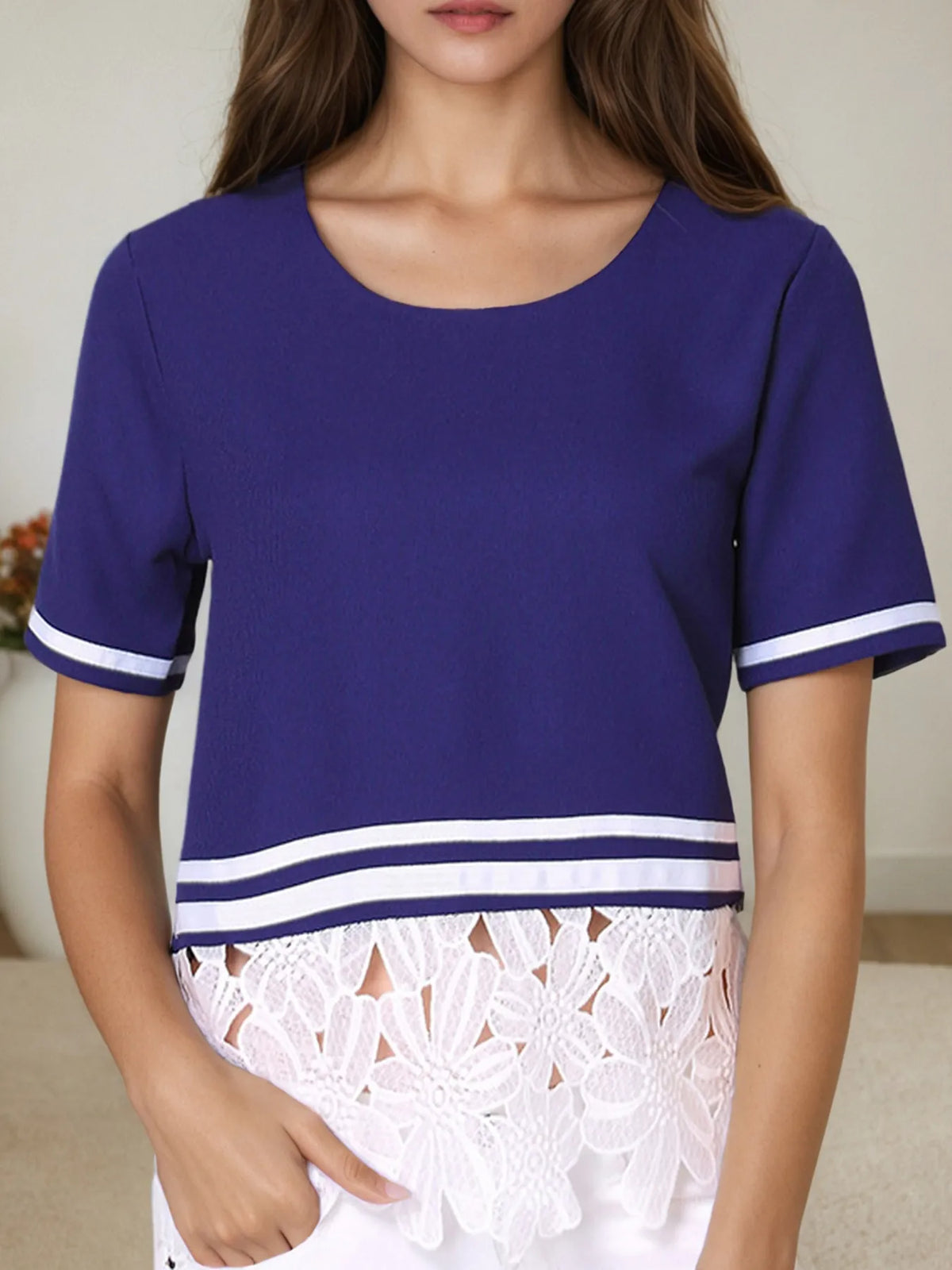 Striped Trim T-Shirt with Lace Hem Detail - Lilixa.store