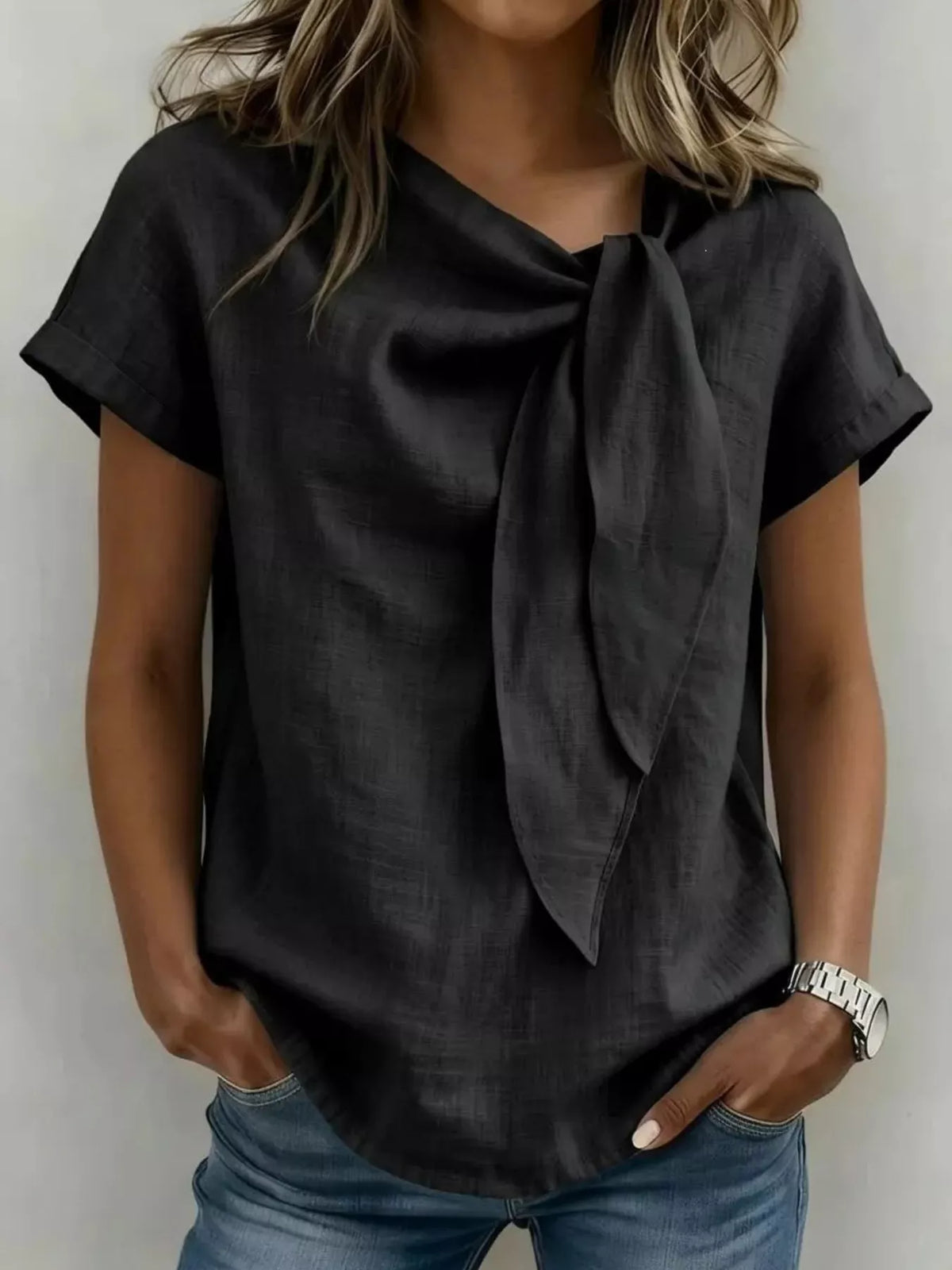 Full Size Bow Tie Neck Short Sleeve Blouse Plus Size - Lilixa.store
