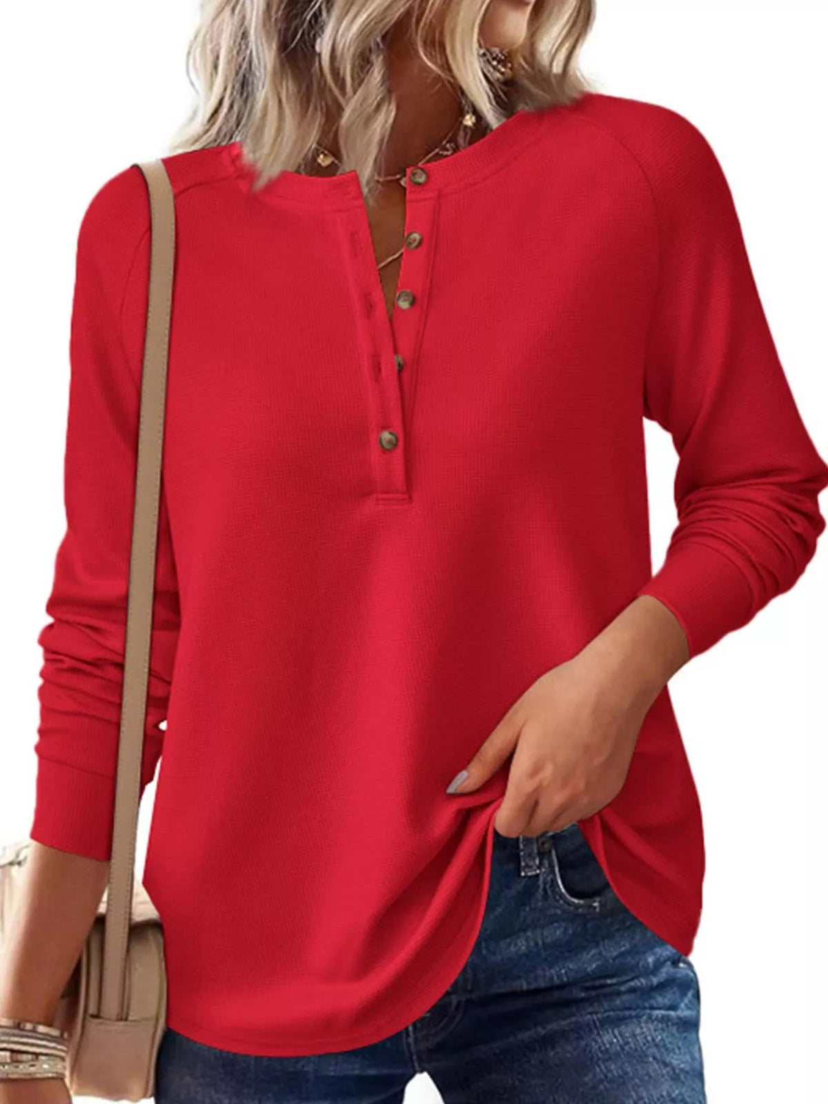 Waffle Knit Henley Long Sleeve T-Shirt