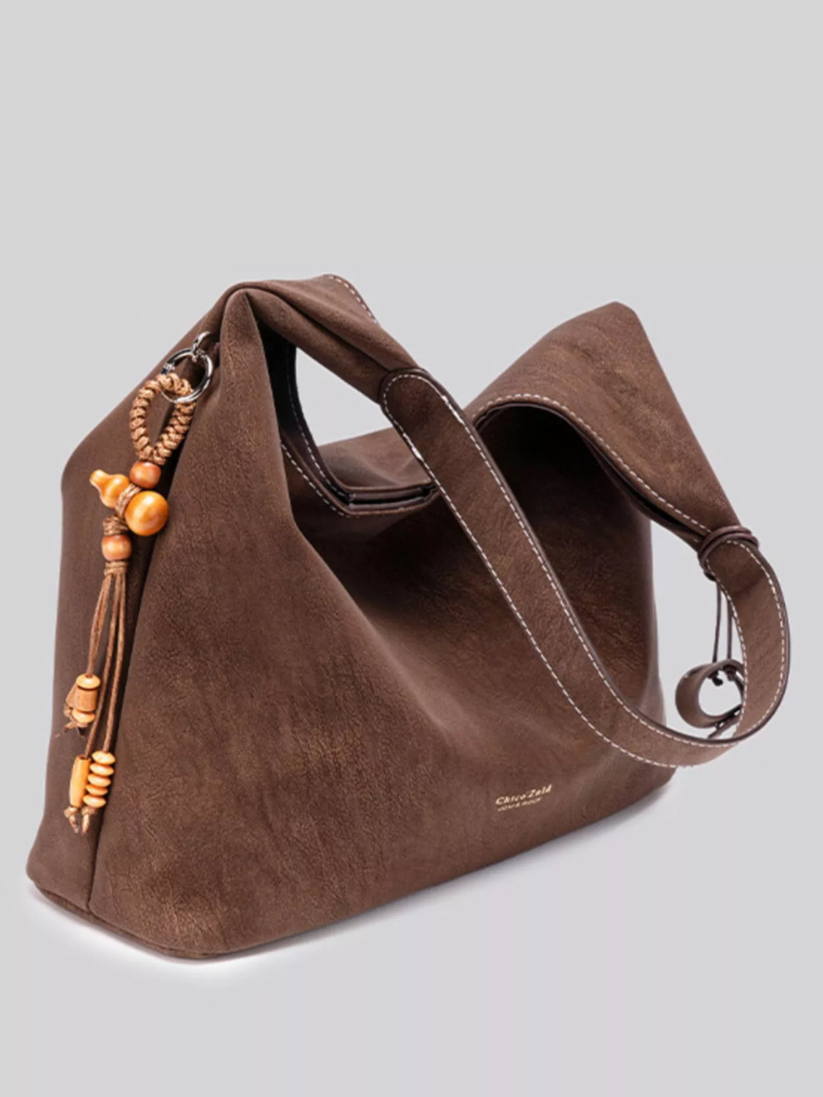 Suede Hobo Shoulder Bag with Decorative Tassel in Brown, view 8