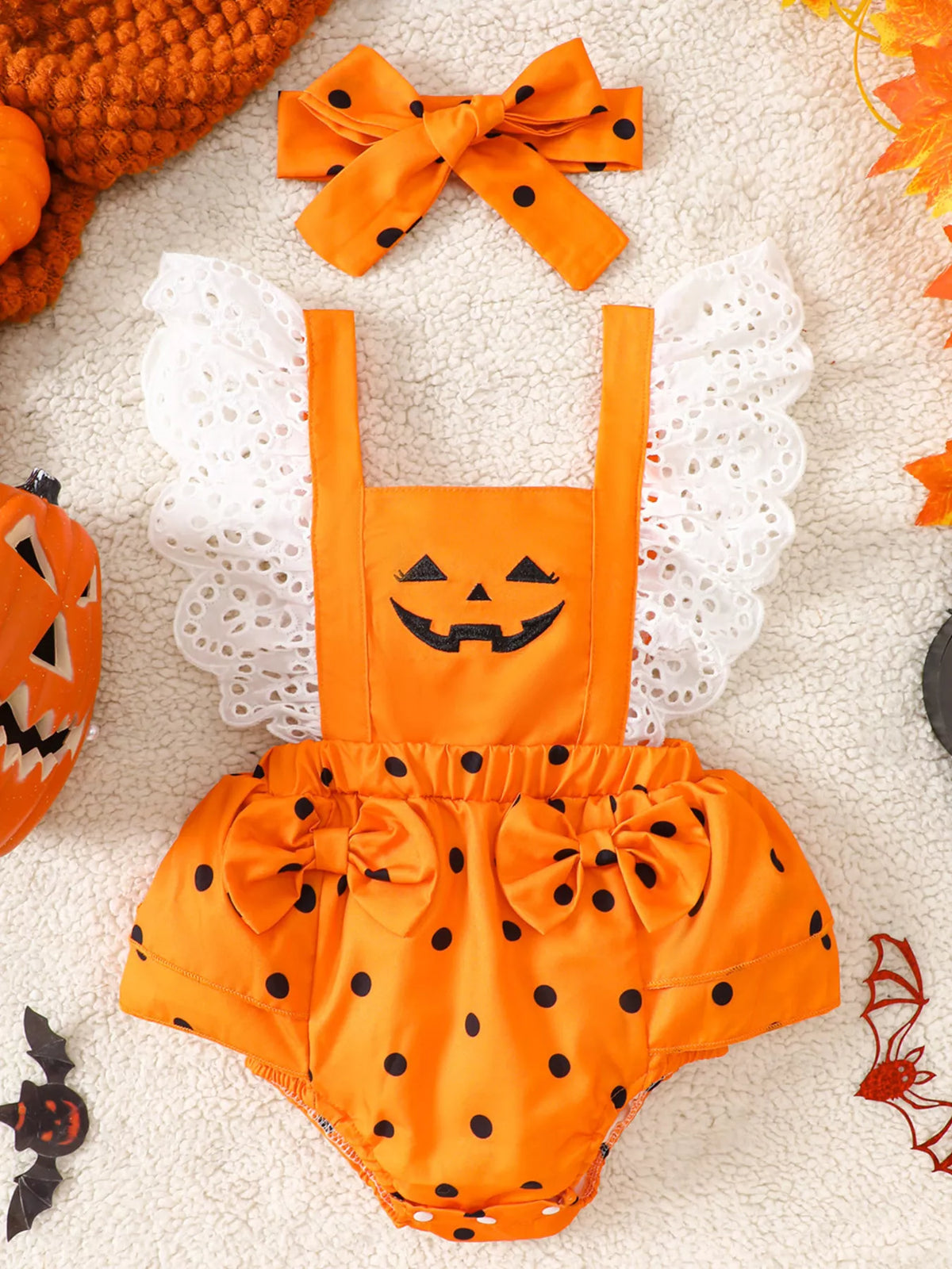 Children's Halloween Pumpkin Polka Dot Bodysuit and Headband Set - Lilixa.store