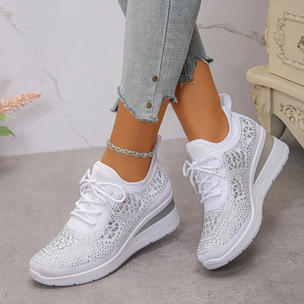 Breathable Mesh Rhinestone Wedge Athletic Sneakers - Lilixa.store