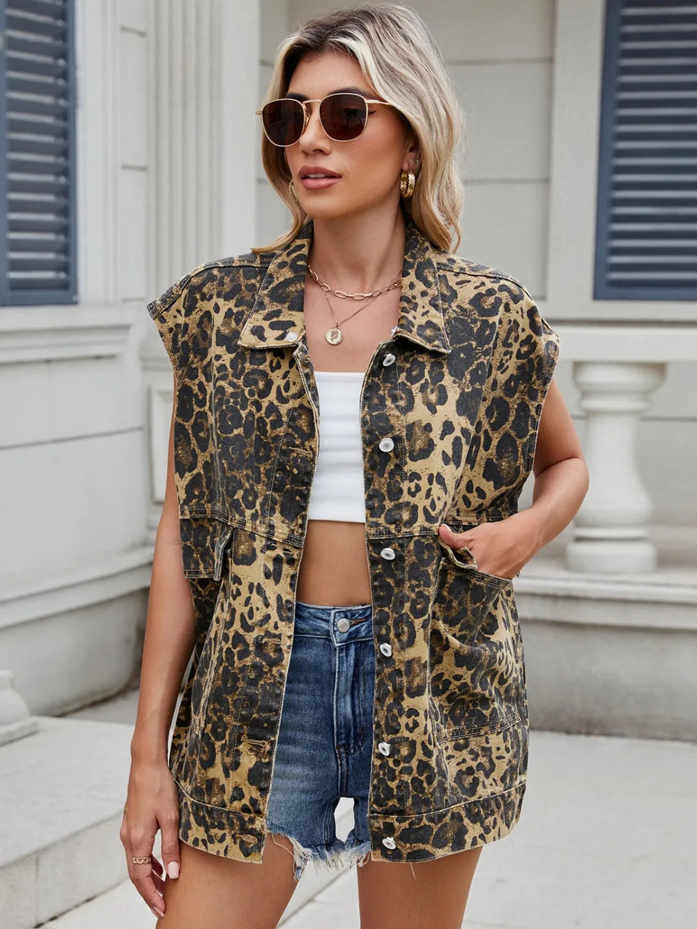 Leopard Buttton Up Denim Vest - Lilixa.store