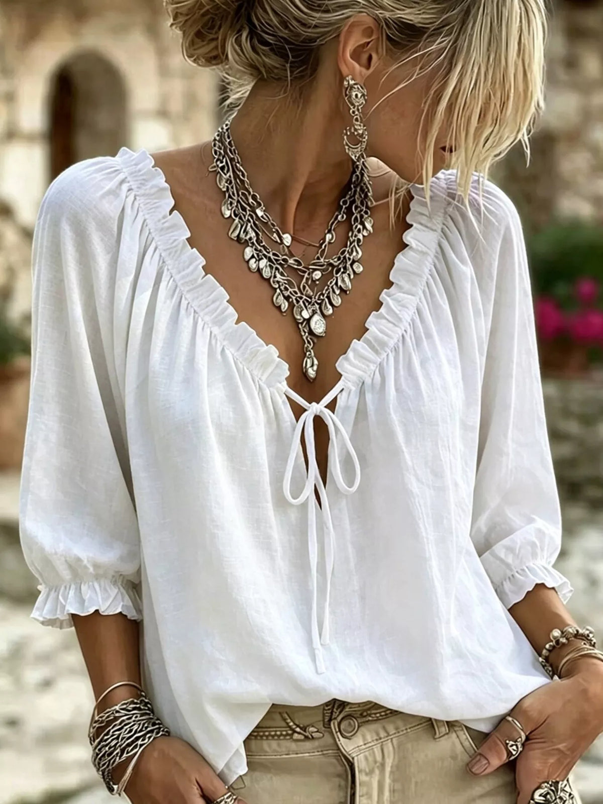 Frill Tie Neck 3/4 Sleeve Blouse - Lilixa.store