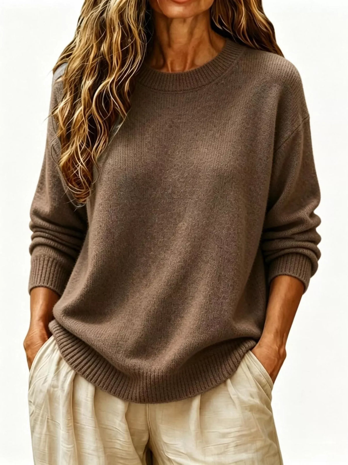 Full Size Round Neck Dropped Shoulder Sweater Plus Size - Lilixa.store
