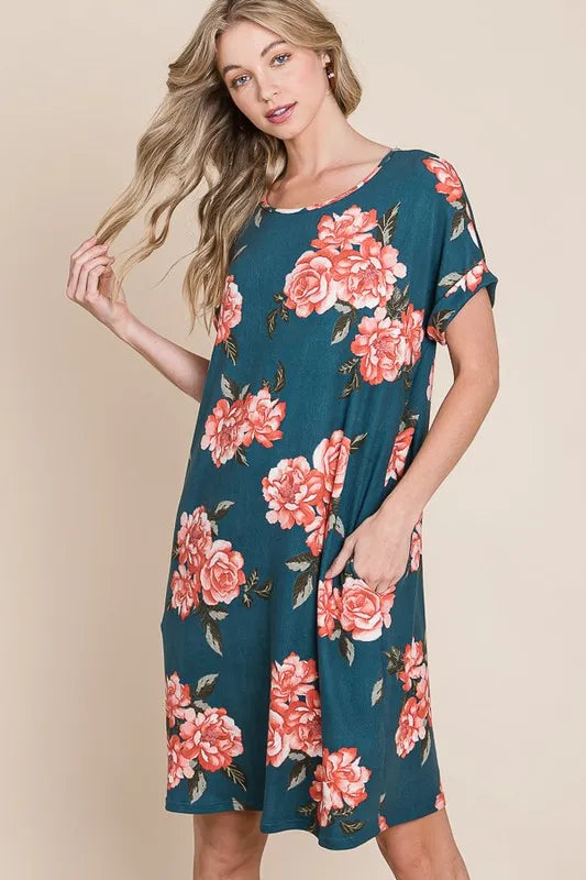 BOMBOM Floral Round Neck Short Tee Dress with Pockets - Lilixa.store