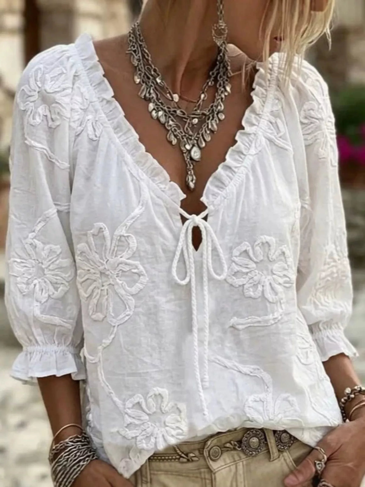 Floral Tie Neck 3/4 Sleeve Blouse
