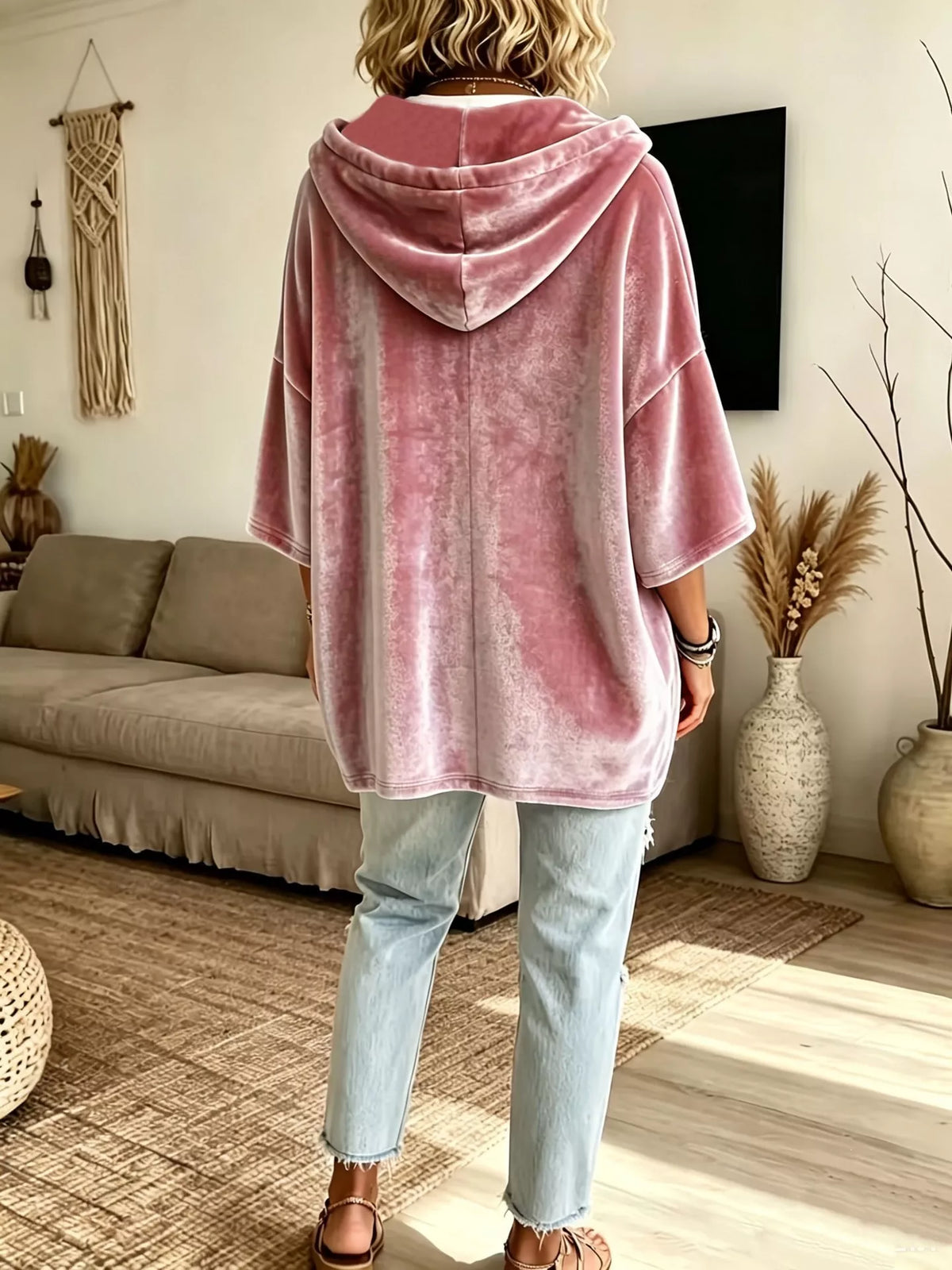 Full Size Velvet Button Detail Drawstring Hoodie Plus Size, view 8