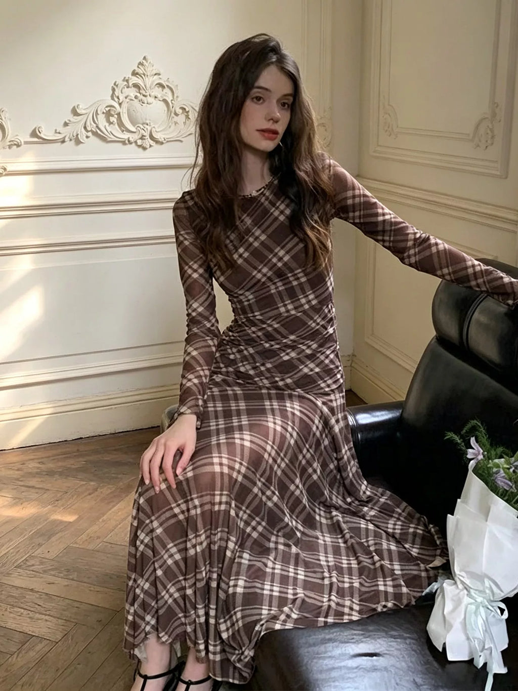 Plaid Long-Sleeve Slim-Fit Maxi Dress - Lilixa.store