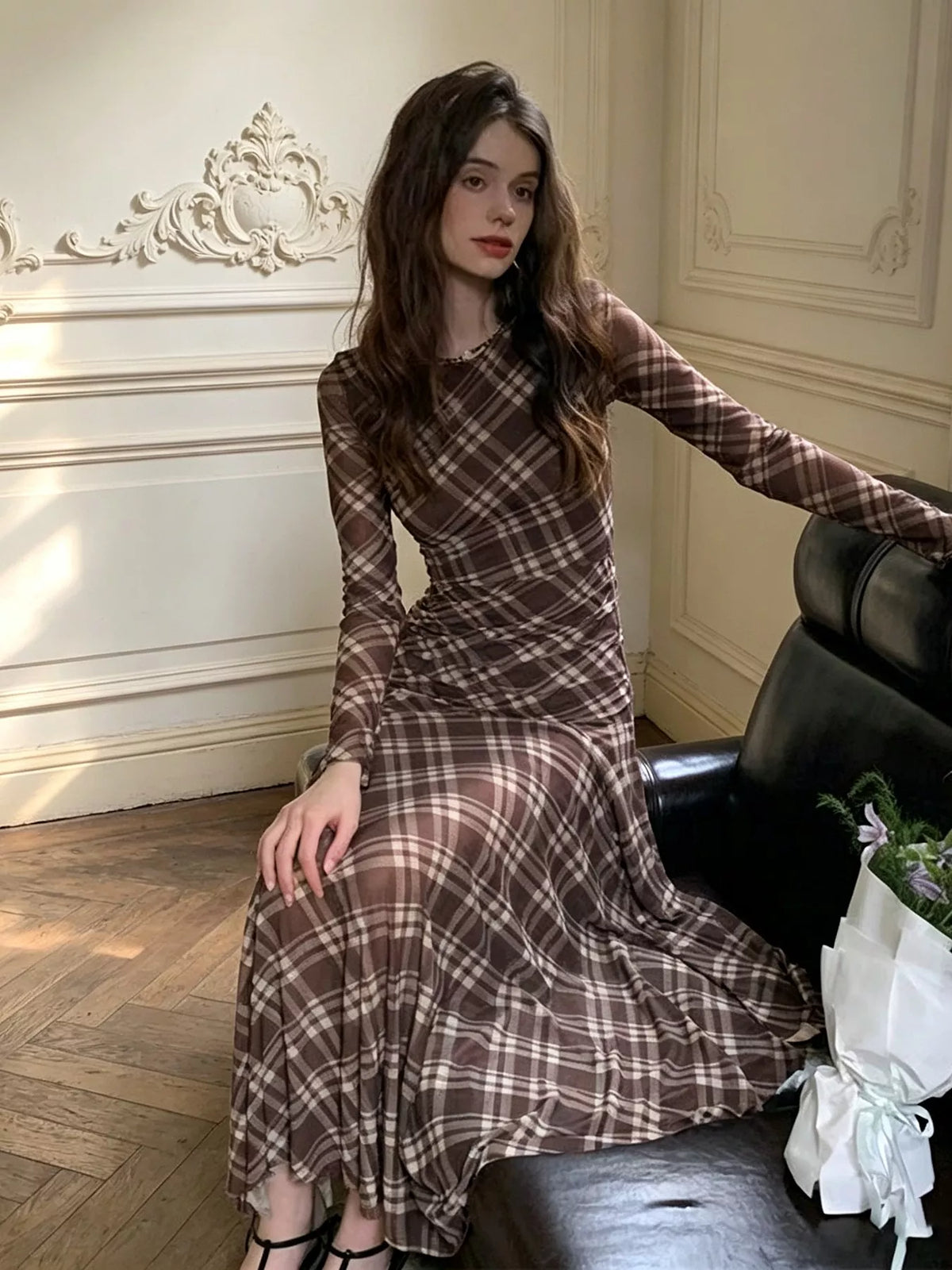 Plaid Long-Sleeve Slim-Fit Maxi Dress - Lilixa.store