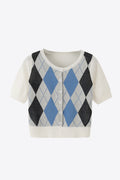 Argyle Round Neck Ribbed Trim Cardigan - Lilixa.store