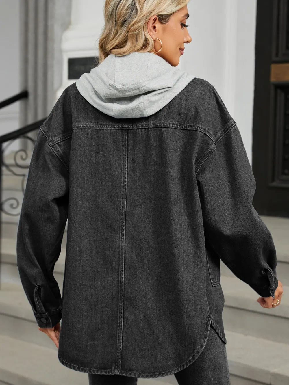 Removable Hood Button Up Long Sleeve Denim Jacket in Black, view 7