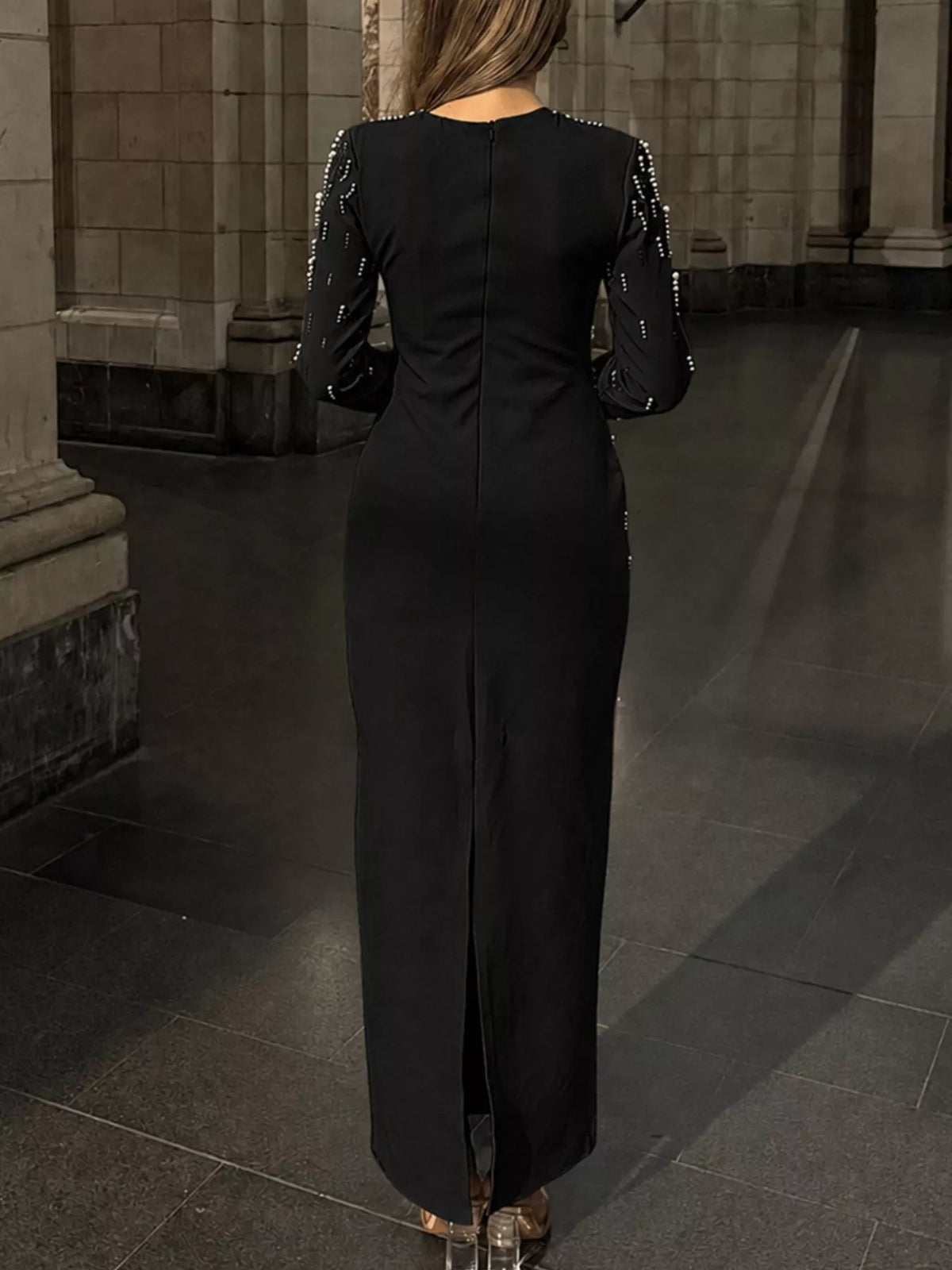 Pearl Detail Long Sleeve Maxi Dress