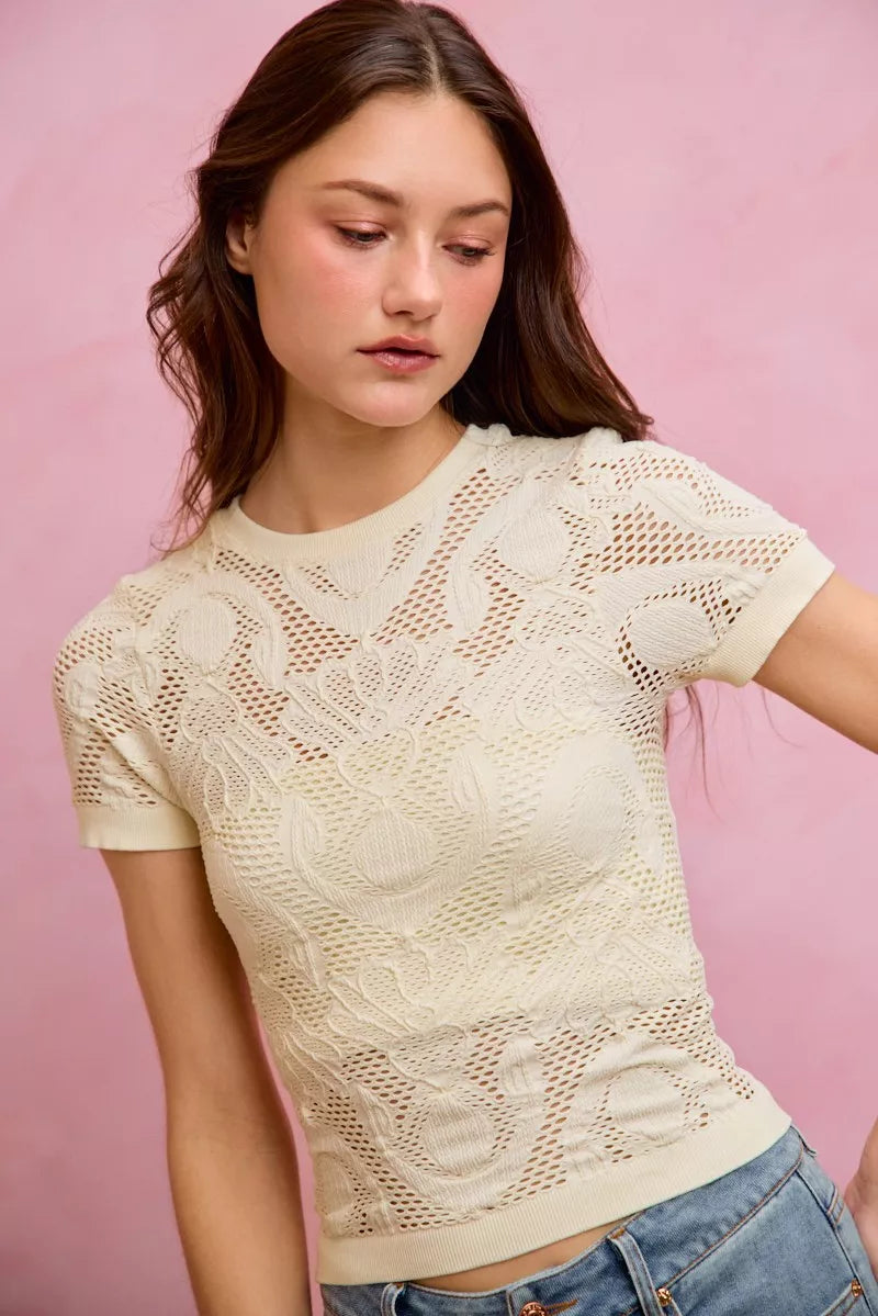 SO ME Floral Perforated Seamless Active Short Sleeve Top in Off White, view 7