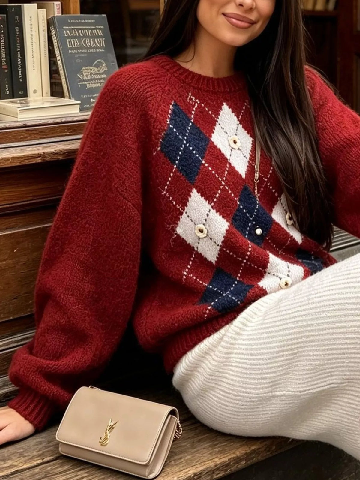 Argyle Pattern Raglan Sleeve Sweater in Wine Red