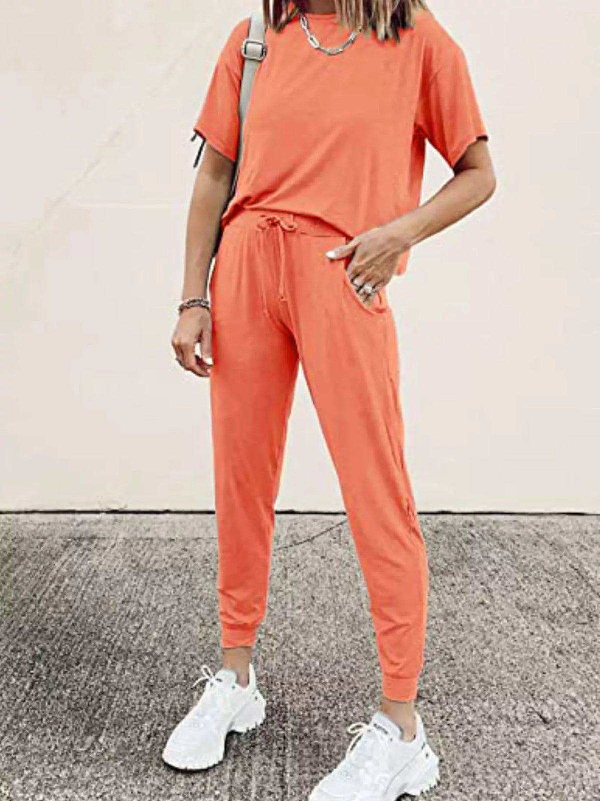 Full Size Round Neck Top and Drawstring Pants Set Plus Size - Lilixa.store