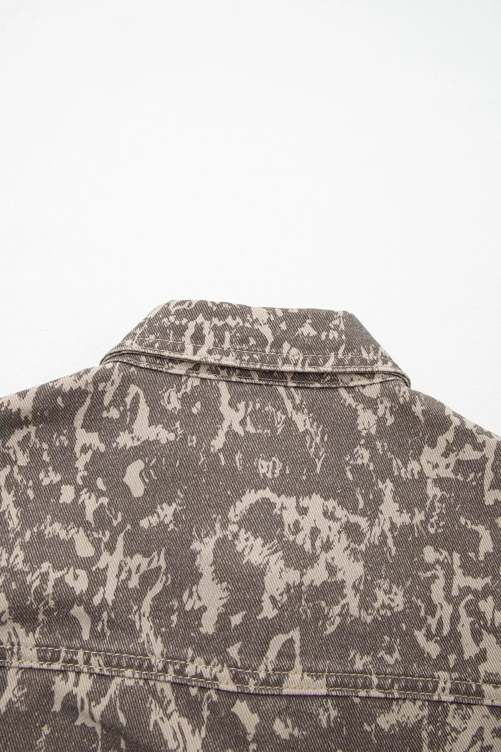 Abstract Print Long Sleeve Collar Raw Hem Denim Jacket in Mocha, view 8