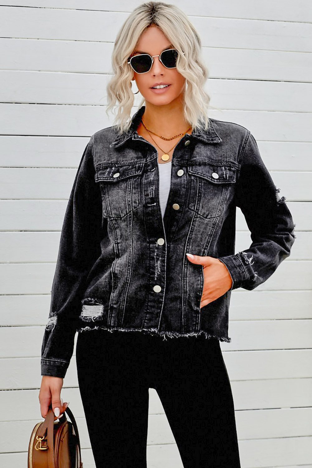 Distressed Raw Hem Buttons Denim Jacket in Black, view 3