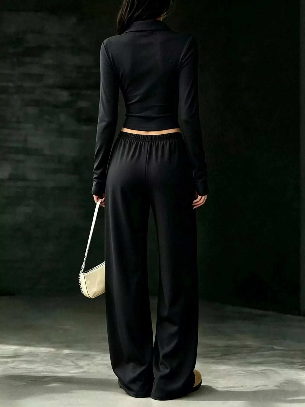 Solid Color Long Sleeve Polo Collar Top and Wide Leg Pants Set - Lilixa.store