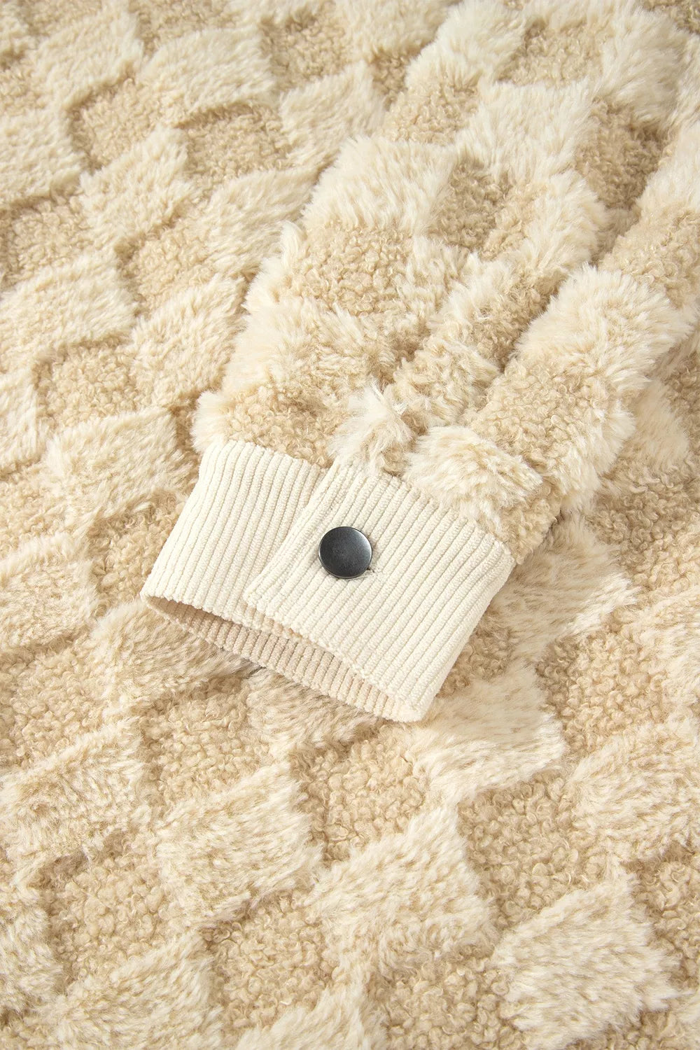 Plush Checkered Corduroy Trim Metal Button Long Sleeve Shift Silhouette Shacket - Lilixa.store