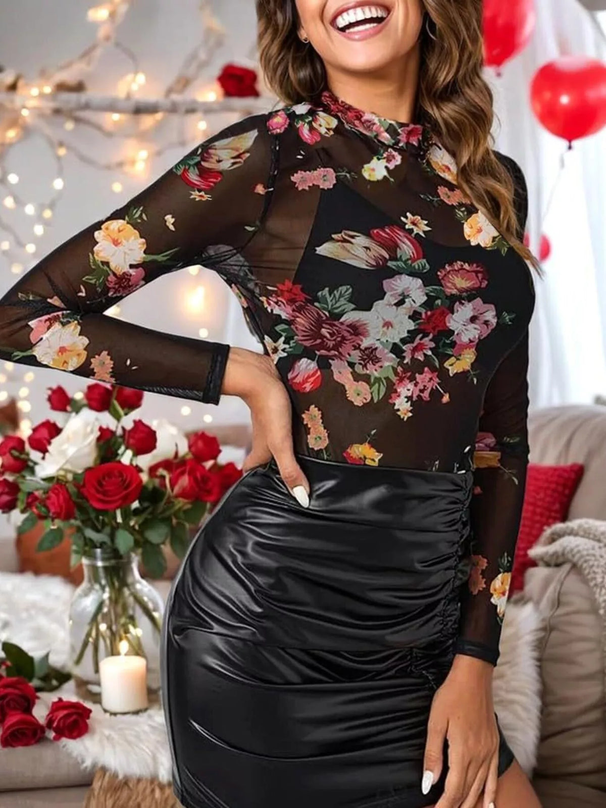Sheer Mock Neck Long Sleeve Top, view 9