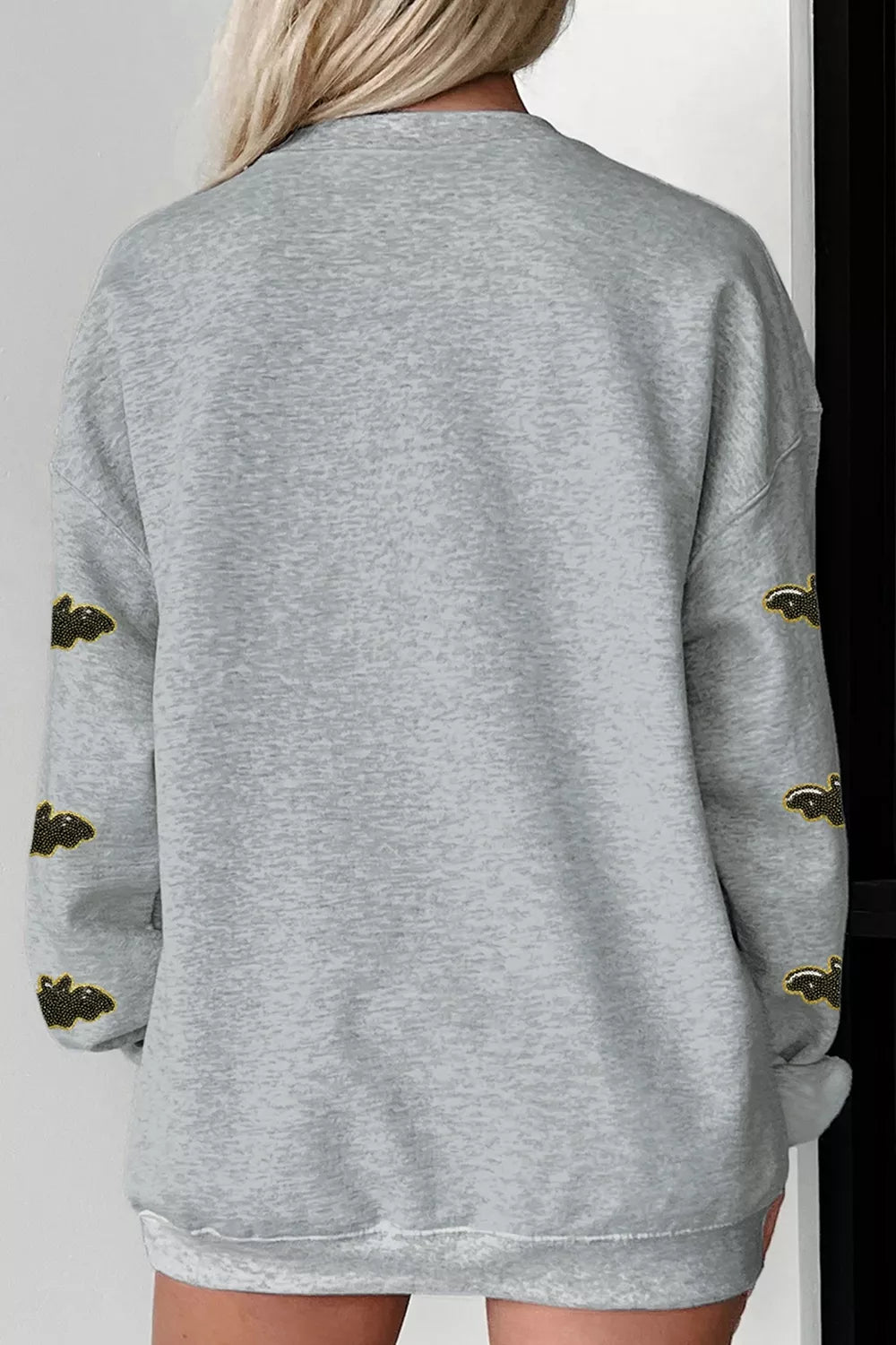Sequin SPOOKY Halloween Bat Embellished Sleeve Pullover Sweatshirt - Lilixa.store