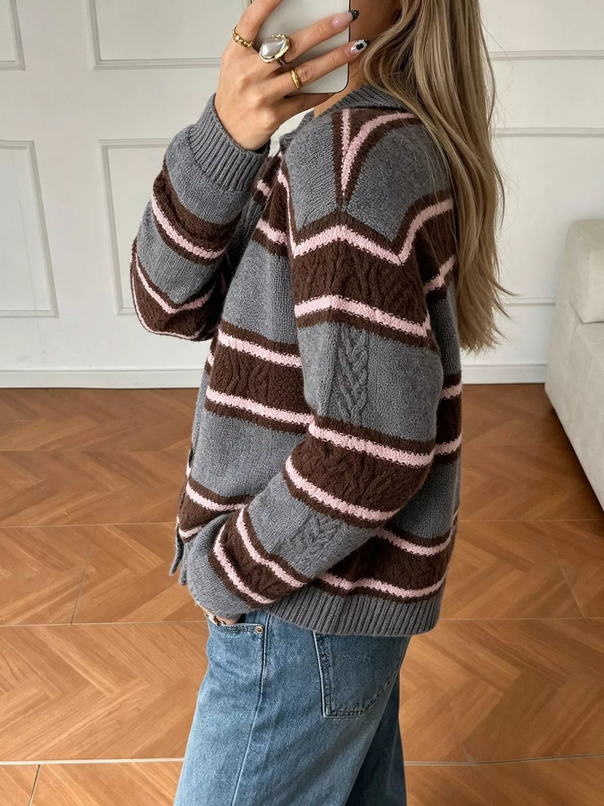 Vintage-Inspired Striped Knit Cardigan with Polo Collar, view 16