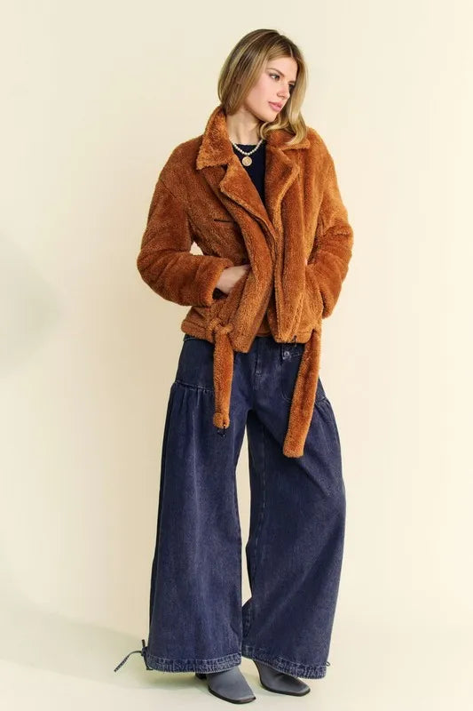 Davi & Dani Fuzzy Zip Up Collared Neck Jacket in Brown, view 8