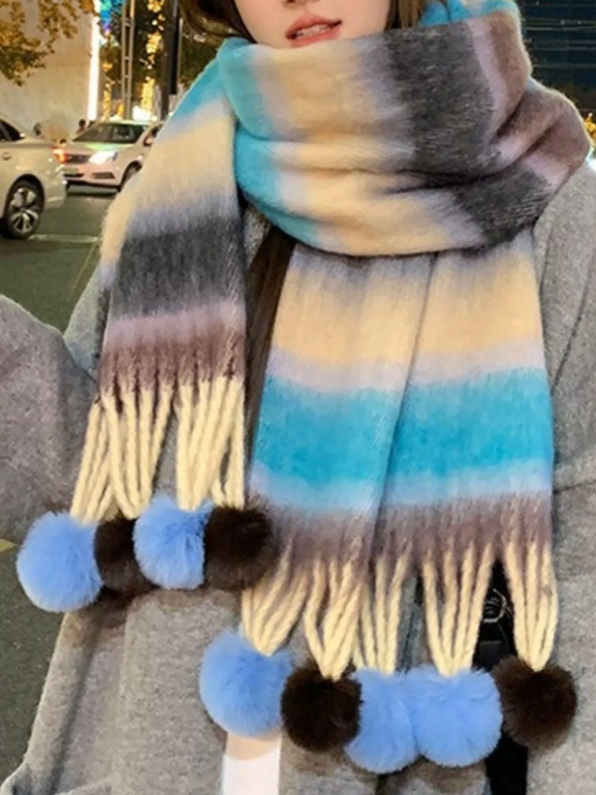 Striped Scarf with Pom-Poms - Lilixa.store