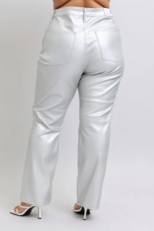 Judy Blue Full Size High Waist Silver Faux Leather Pants Plus Size - Lilixa.store