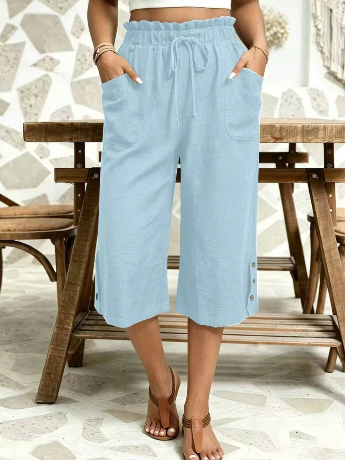 High-Waisted Drawstring Capris in Sky Blue