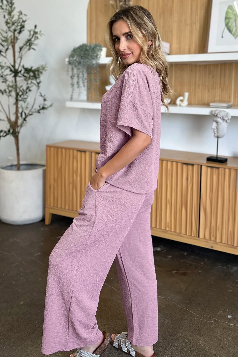 Double Take Full Size Texture Short Sleeve Top and Pants Set, view 7