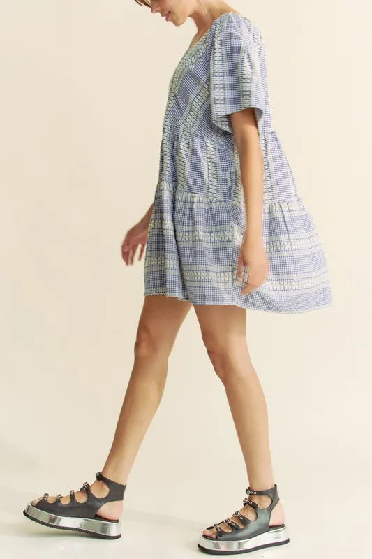 Davi & Dani Embroidered Stripe Ruffled Gingham Mini Dress - Lilixa.store
