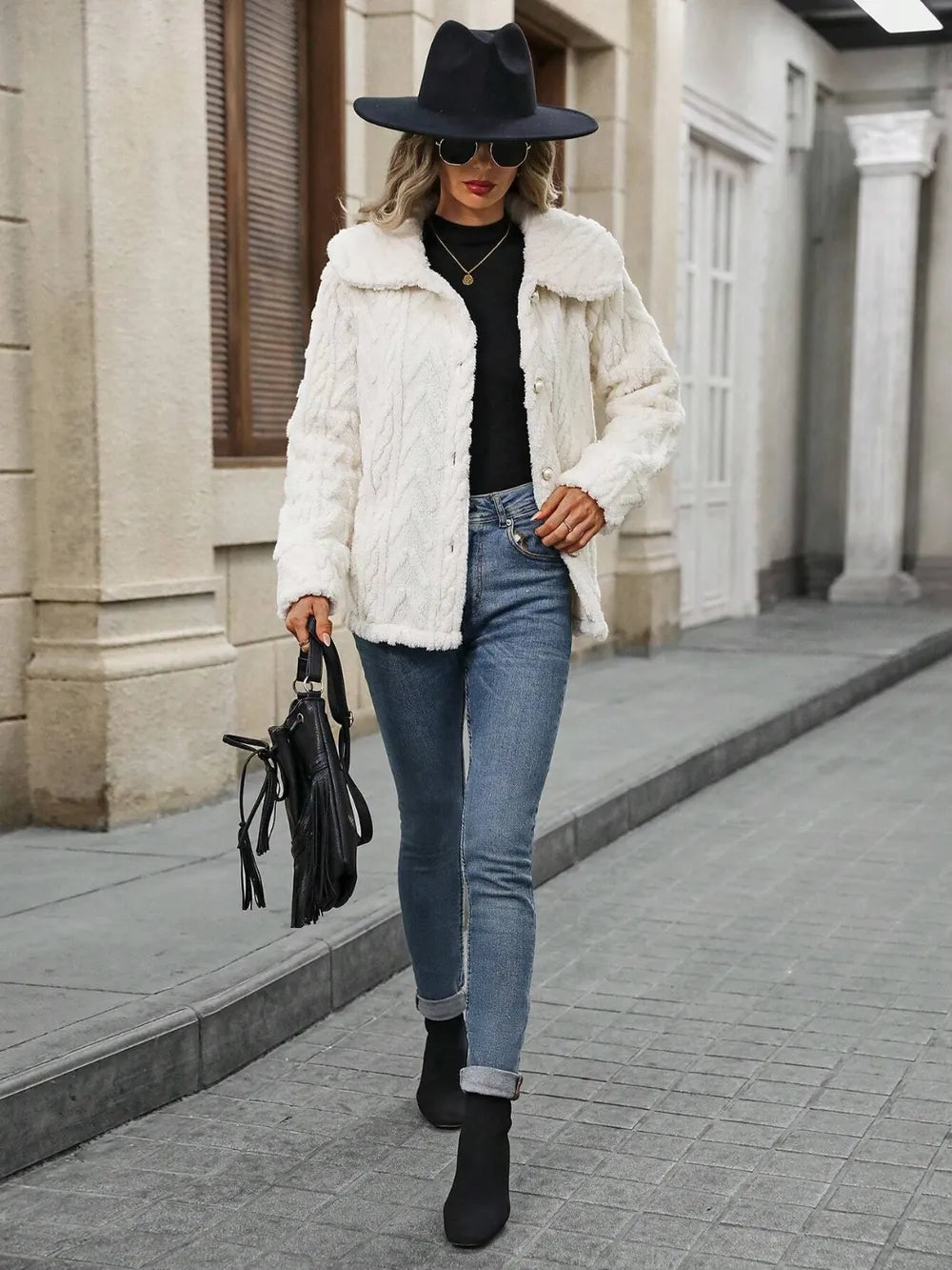 Fuzzy Texture Button Up Collared Neck Coat in Cream, view 5