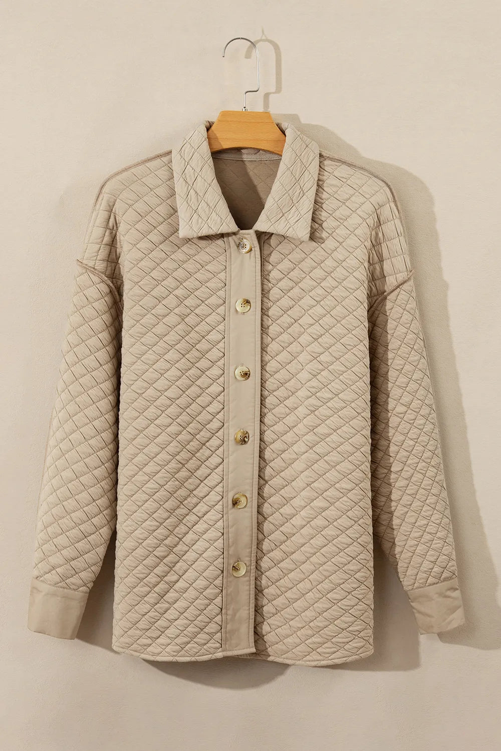 Exposed Seam Collared Neck Button Up Shacket in Beige, view 5
