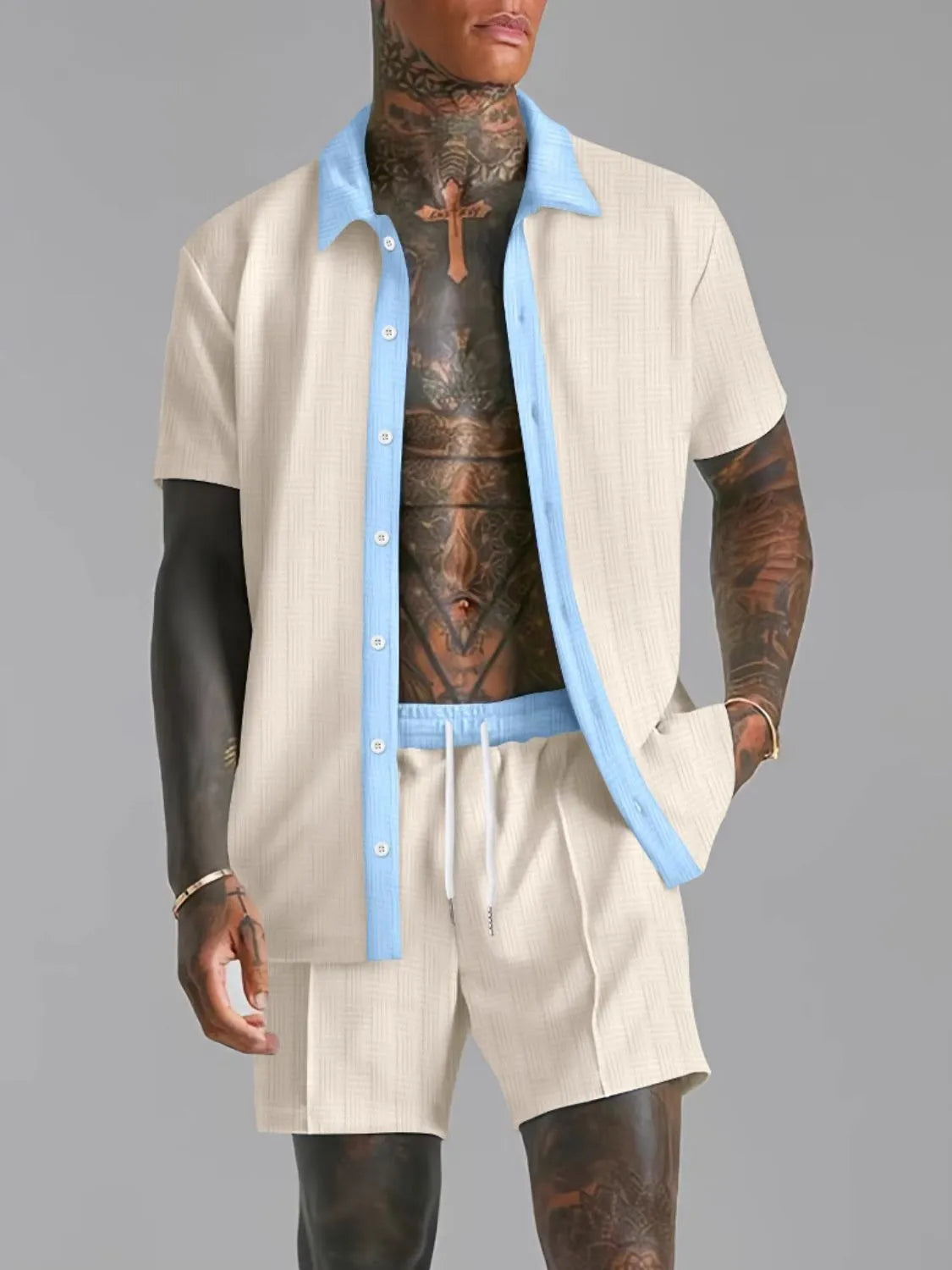 Men's Full Size Collared Neck Short Sleeve Top and Shorts Set Plus Size in Tan