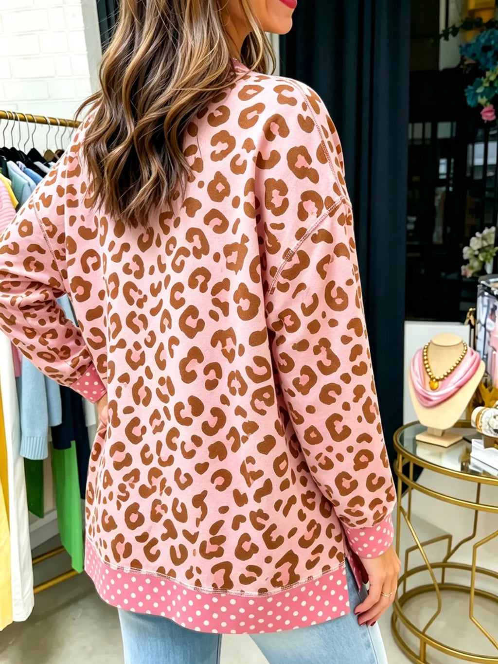 Side Slit Leopard Sweatshirt with Polka Dot Trim - Lilixa.store