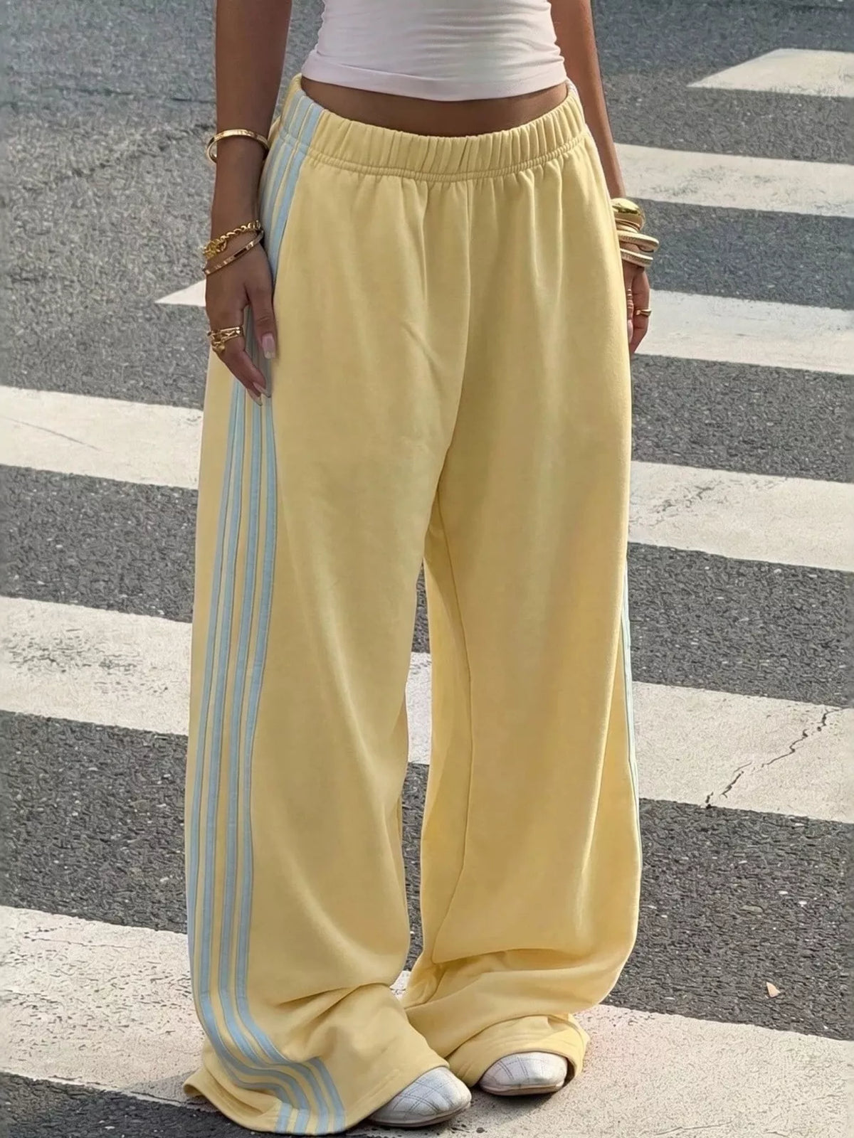 High-Waisted Wide-Leg Track Pants with Side Stripes in Yellow