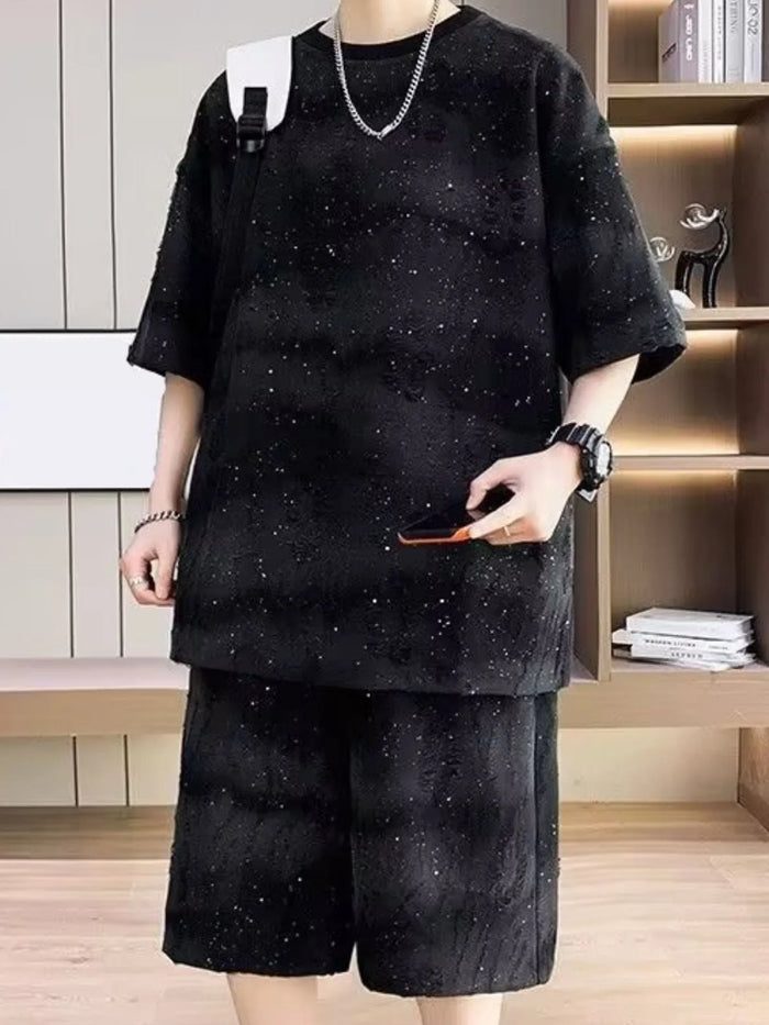 Men's Full Size Round Neck Half Sleeve Top and Shorts Set Plus Size in Black